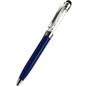 A blue stylus touch ball pen with a clear barrel and silver accents, featuring a branding logo.
