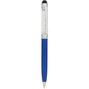A blue ball pen with a clear barrel and a stylus tip, featuring a silver clip and accents.