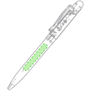 A green stylus touch ball pen with a clip and a design on the barrel, featuring branding.