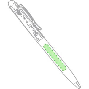 A stylus touch ball pen in silver and green, featuring a clip and a textured grip area.