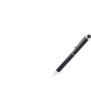 A black stylus touch ball pen with a silver clip and a sleek design, featuring a logo.