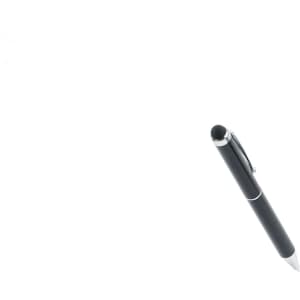 A black stylus touch ball pen featuring a silver clip and end tip, with a logo on the barrel.