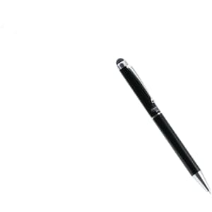 A black stylus touch ball pen with a shiny finish and a branding logo on the side.