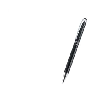 A black stylus touch ball pen with a silver clip and accents, featuring a logo on its side.