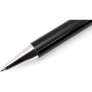 A black stylus touch ball pen with a silver tip, featuring a sleek, polished design and a logo.