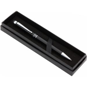 A black Salend Stylus Touch Ball Pen in a sleek black presentation box, featuring a silver clip and accents.