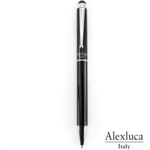 A black stylus touch ball pen featuring a sleek design and a logo. Ideal for writing and touchscreen use.