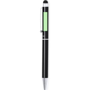 A black stylus touch ball pen featuring a silver clip and a light green accent. The pen has a logo on it.