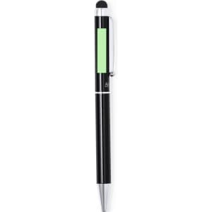 A black stylus touch ball pen featuring a green accent and silver details, with a branding logo.