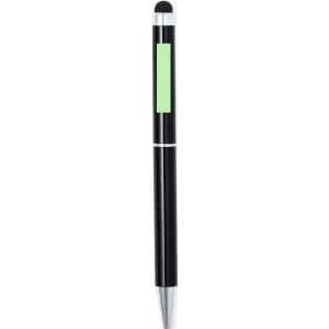 A black stylus touch ball pen with a green accent and a silver tip, featuring a logo.