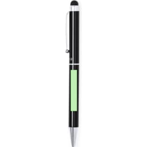 A black stylus touch ball pen with a silver clip and a green section on the barrel. It includes a logo branding.