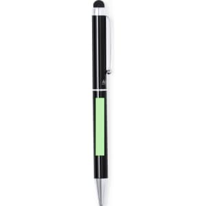 A black stylus touch ball pen with a silver trim and a green accent. It features a logo on the barrel.