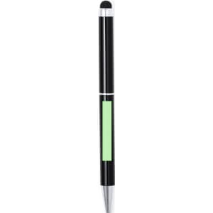 A black stylus touch ball pen with a green section and a silver trim, featuring a logo.