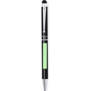 A black Salend Stylus Touch Ball Pen with a green accent and a shiny silver clip, featuring a branded logo.