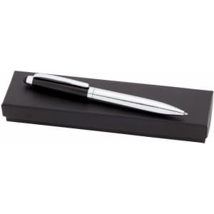 A black and silver stylus touch ball pen resting on a black presentation box, featuring a logo.