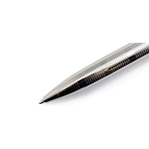 A sleek silver stylus touch ball pen with a patterned grip and a pointed tip.