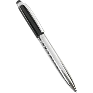 A black and silver stylus touch ball pen with a sleek design and a logo on the barrel.