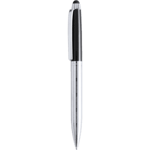 A stylus touch ball pen with a black body and silver accents, featuring a clip and a branding logo.
