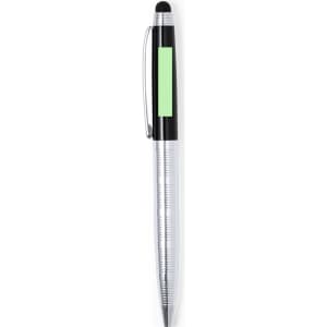 A silver stylus touch ball pen with a black top and a green accent, featuring a clip and a branded logo.