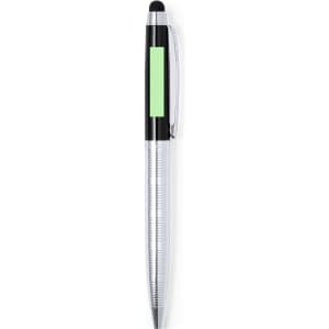 A stylus touch ball pen in silver with a black grip and green accent. It features a logo on the barrel.