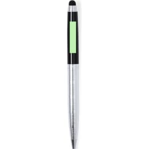 A silver and black stylus touch ball pen with a green accent and a logo displayed on the barrel.