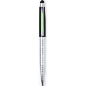 A silver and black Lantey Stylus Touch Ball Pen with a green accent and a logo on the barrel.
