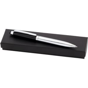 A black and silver stylus touch ball pen resting on a black presentation box with a logo.