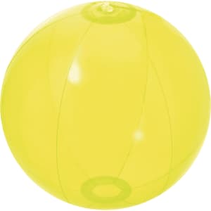 A yellow beach ball with a transparent design, featuring circular sections and a valve for inflation.