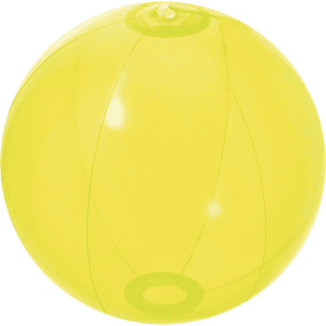 A yellow beach ball with a shiny surface and seams, designed for leisure and outdoor activities.