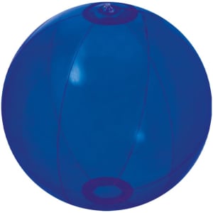 A blue beach ball with a shiny surface and circular design elements. It features a valve for inflation.