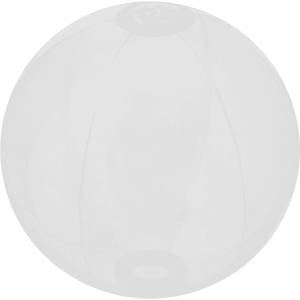 A translucent white beach ball featuring colourful panels and a logo. Ideal for leisure and outdoor activities.