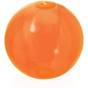 An orange beach ball with a glossy finish, featuring a logo. Ideal for outdoor leisure activities.