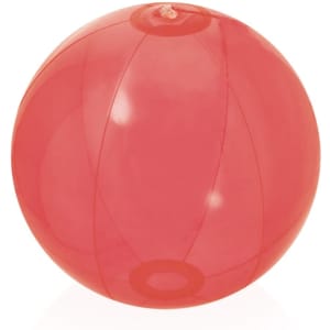 A red inflatable beach ball with a glossy surface, designed for leisure and outdoor activities.