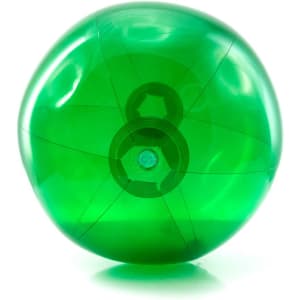 A green beach ball with a shiny surface and visible seams, featuring a central air valve and a logo.