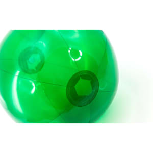A green beach ball with a hexagonal design, featuring a glossy finish and an embedded logo.