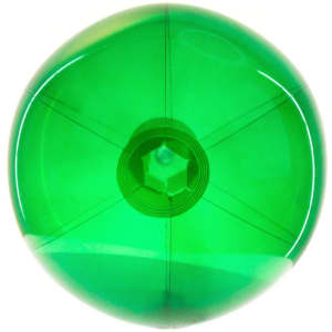 A green beach ball with a glossy finish, featuring a central valve and smooth surface. It includes a logo.