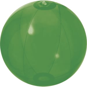 A green beach ball with a glossy finish, featuring a circular shape and an inflatable design.