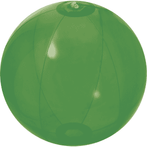 A translucent green beach ball with a smooth surface, featuring a small valve for inflation.