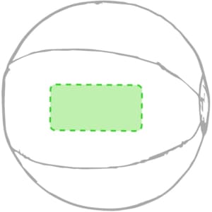 A green and white beach ball with a rectangular centre panel and a logo.
