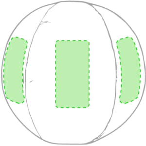 A green and white beach ball with lighter green panel sections and an outline. The ball features a logo.