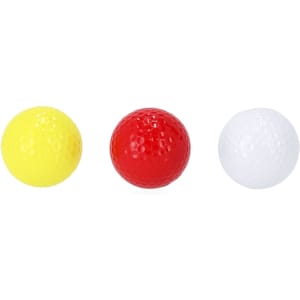 A set of three golf balls in yellow, red, and white, featuring a textured surface and a logo.