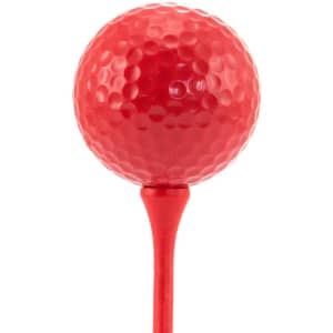 A red golf ball on a red tee, featuring a textured surface for grip. The image includes a logo.