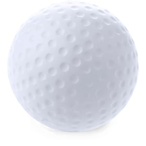 A white golf ball with a dimpled surface, featuring a logo or branding.