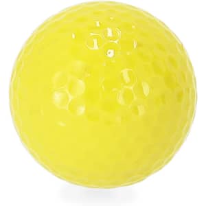 A bright yellow golf ball with a dimpled surface and a logo.