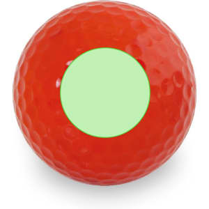 A bright red golf ball with a textured surface and a plain green spot in the centre.
