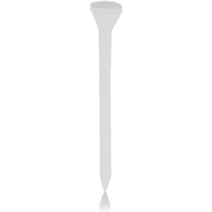 A white golf tee with a flat top and pointed end, featured against a plain background. It has a logo.