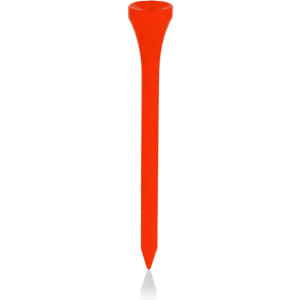 An orange golf tee with a tapered top and pointed end, featuring a branding logo.