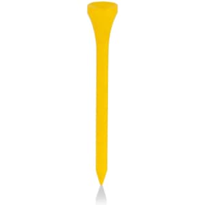 A yellow golf tee with a tapered design, suitable for various golf settings. Features a simple branding logo.