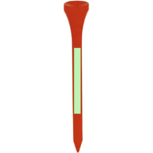 A red golf tee with a light green stripe, featuring a logo at the top.