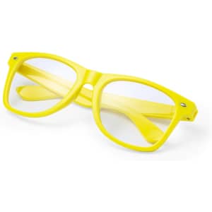 Yellow sunglasses with a stylish design, featuring a logo on the side. Ideal for leisure and outdoor activities.